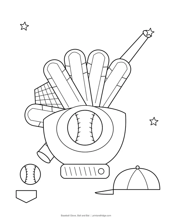 Baseball Glove, Ball and Bat printable coloring page