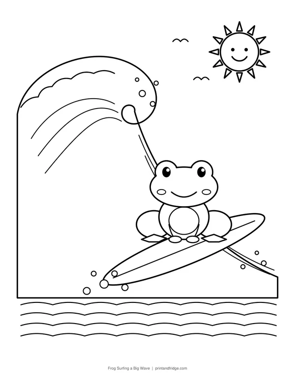 Frog Surfing a Big Wave printable coloring page