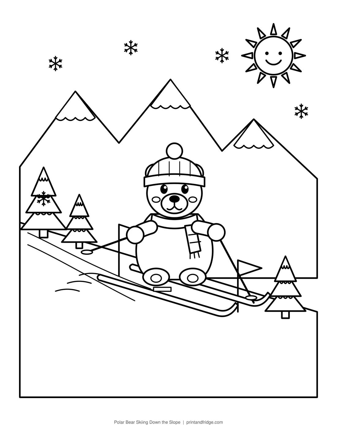 Polar Bear Skiing Down the Slope printable coloring page