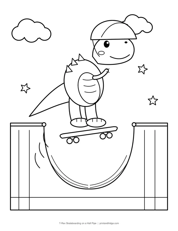 T-Rex Skateboarding on a Half Pipe printable coloring page
