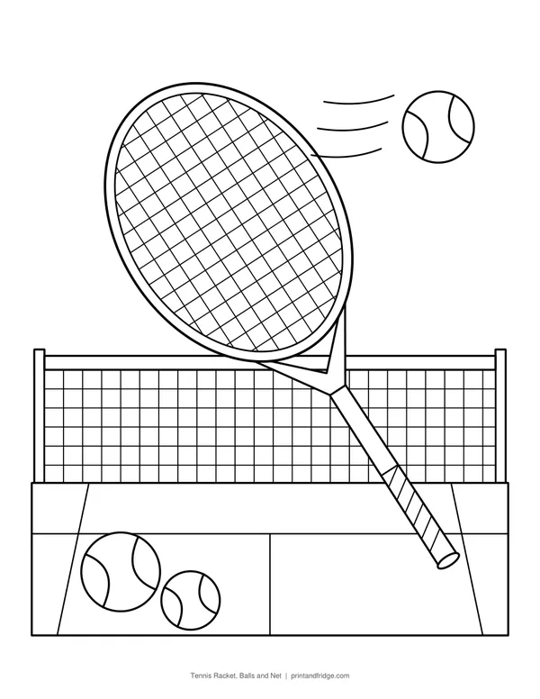 Tennis Racket, Balls and Net printable coloring page