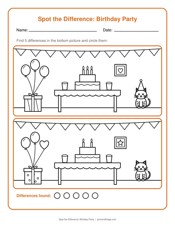 Spot the Difference: Birthday Party printable worksheet