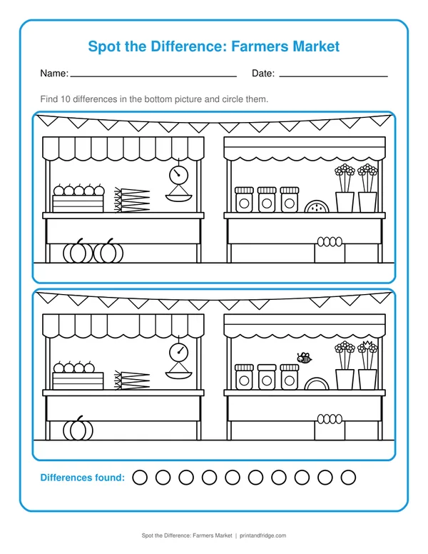 Spot the Difference: Farmers Market printable worksheet