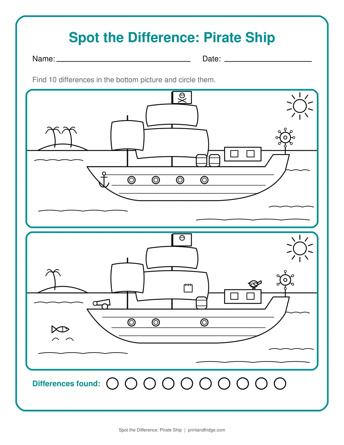 Spot the Difference: Pirate Ship printable worksheet