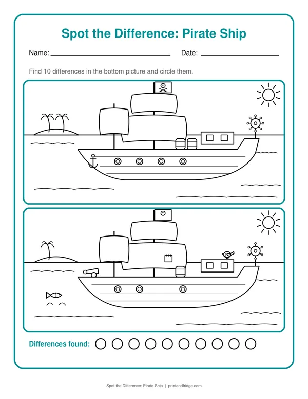 Spot the Difference: Pirate Ship printable worksheet