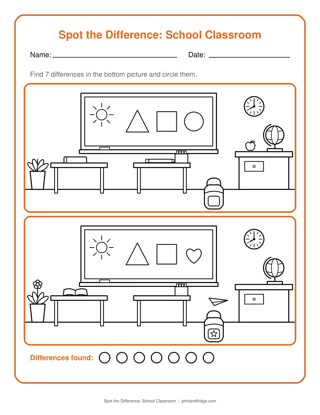 Spot the Difference: School Classroom printable worksheet