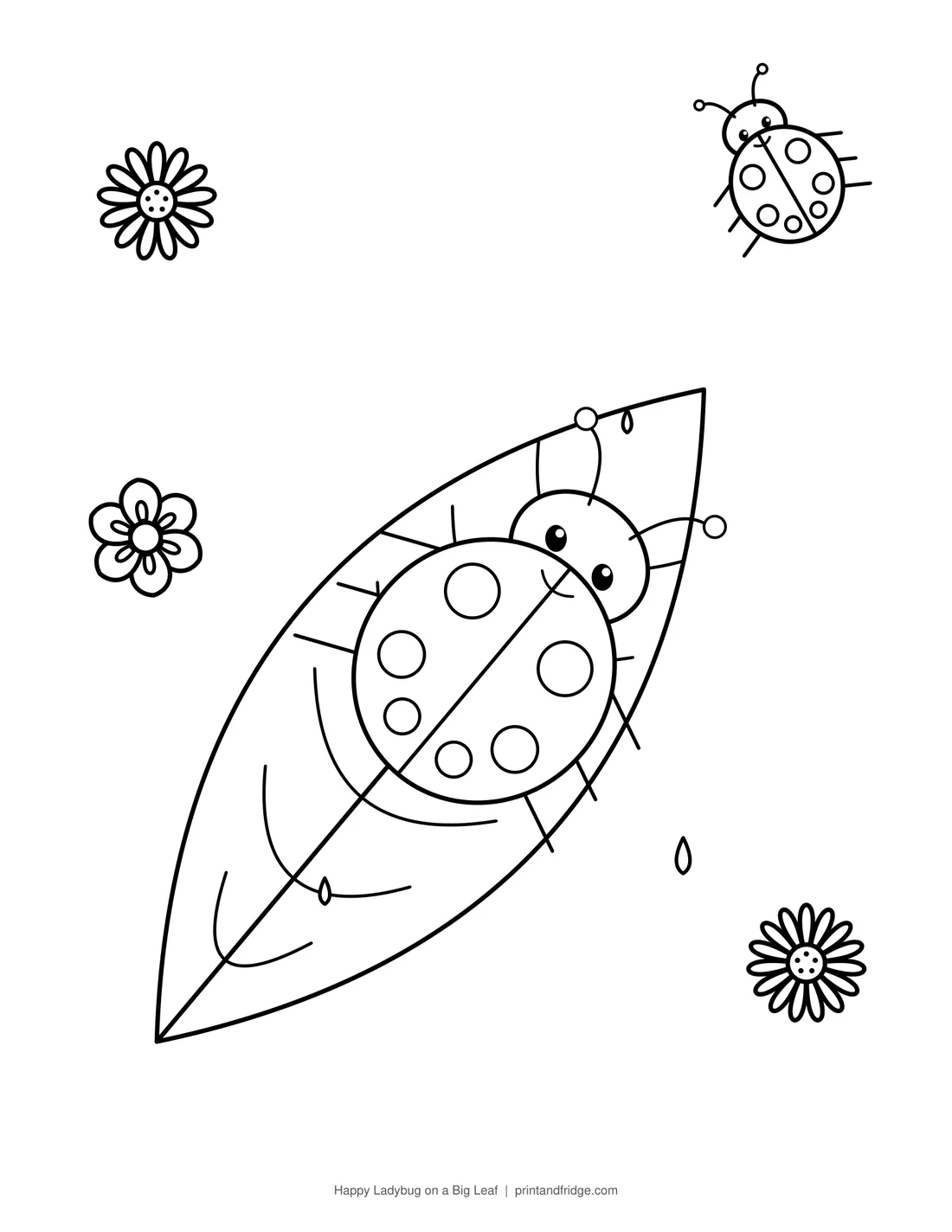 Happy Ladybug on a Big Leaf printable coloring page