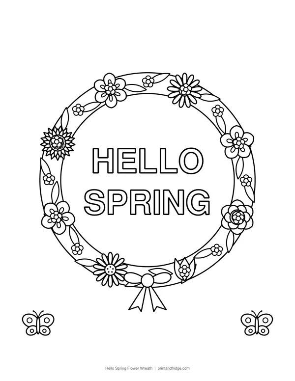 Hello Spring Flower Wreath printable coloring page