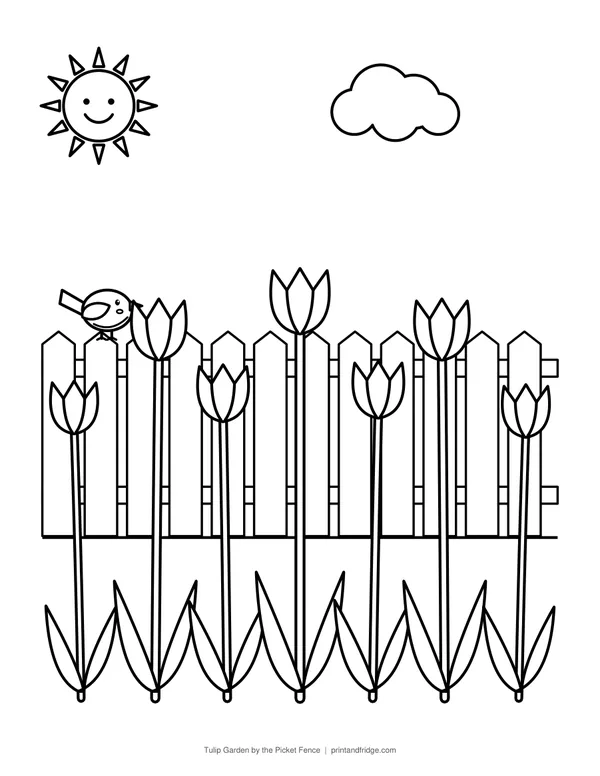 Tulip Garden by the Picket Fence printable coloring page