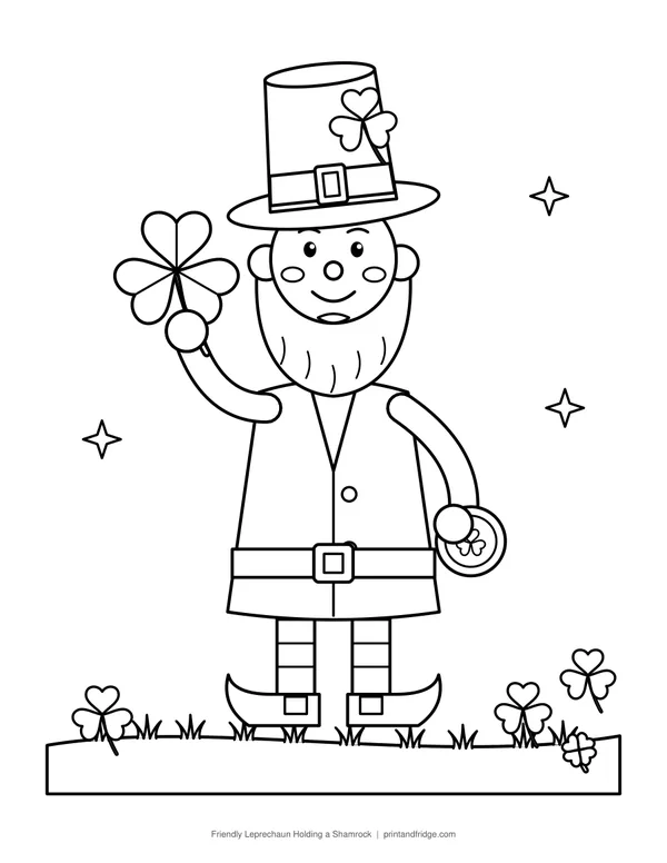 Friendly Leprechaun Holding a Shamrock printable coloring page