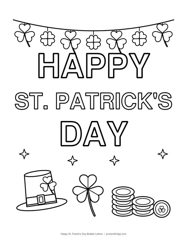 Happy St. Patrick's Day Bubble Letters printable coloring page
