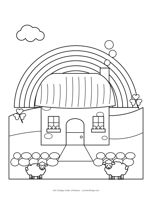 Irish Cottage Under a Rainbow printable coloring page