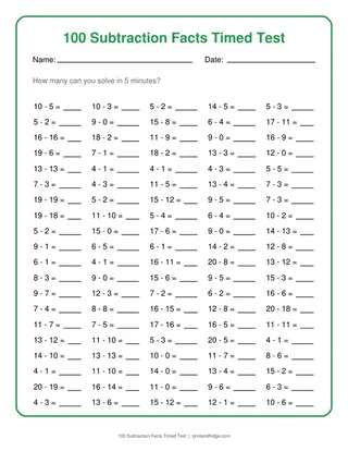 100 Subtraction Facts Timed Test