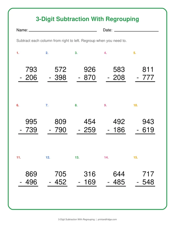 3-Digit Subtraction With Regrouping printable worksheet