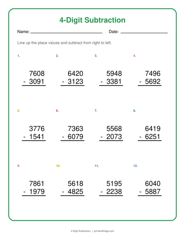 4-Digit Subtraction printable worksheet