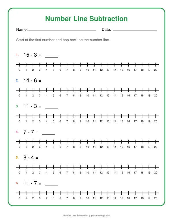 Number Line Subtraction printable worksheet