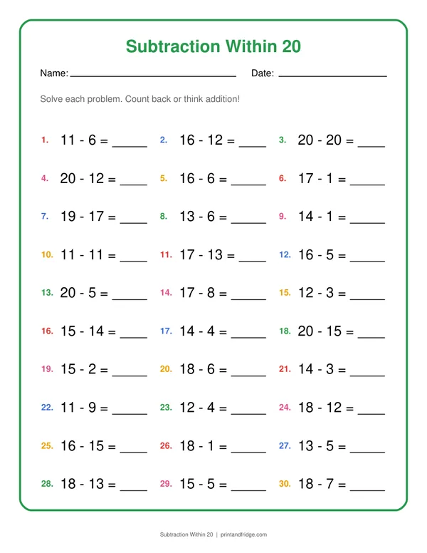 Subtraction Within 20 printable worksheet
