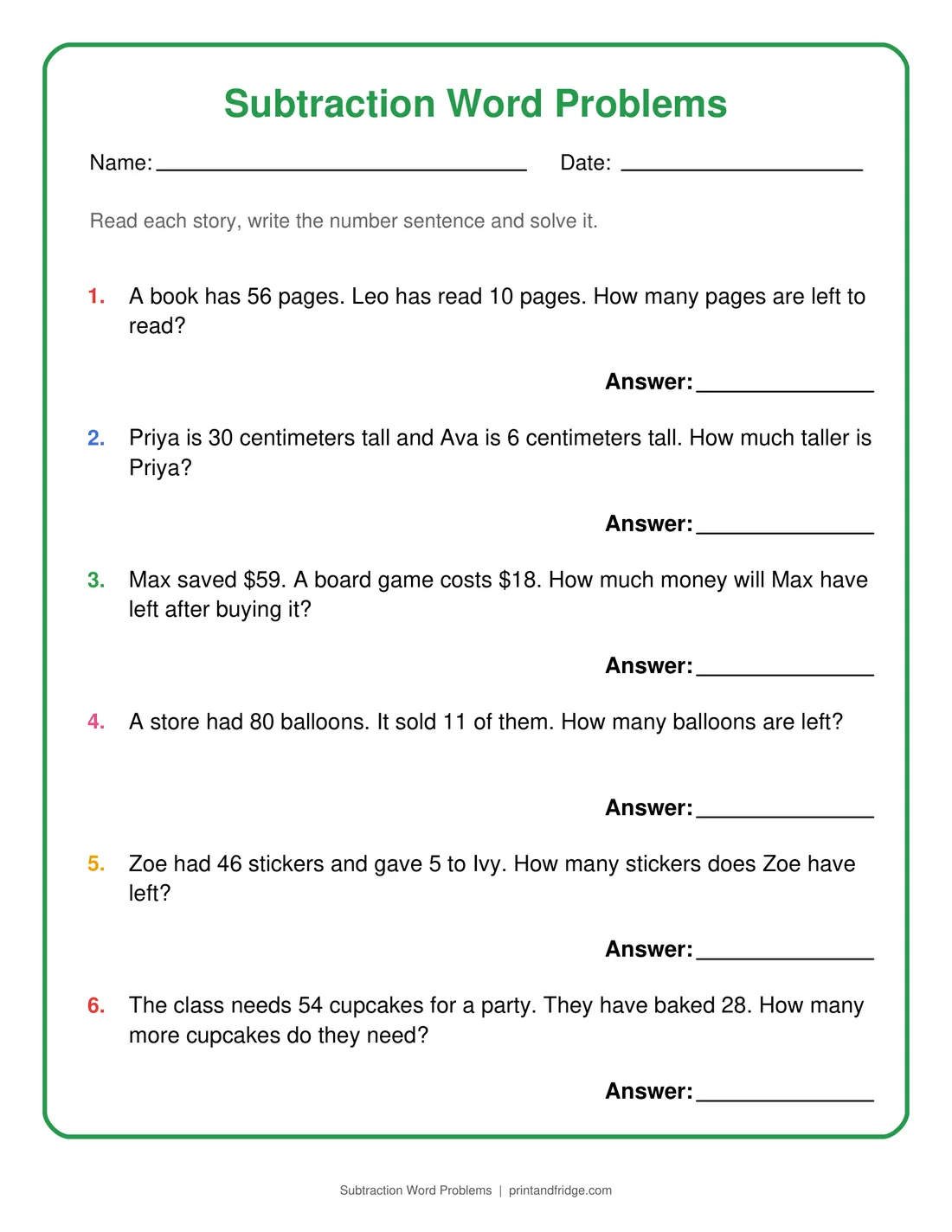 Subtraction Word Problems printable worksheet
