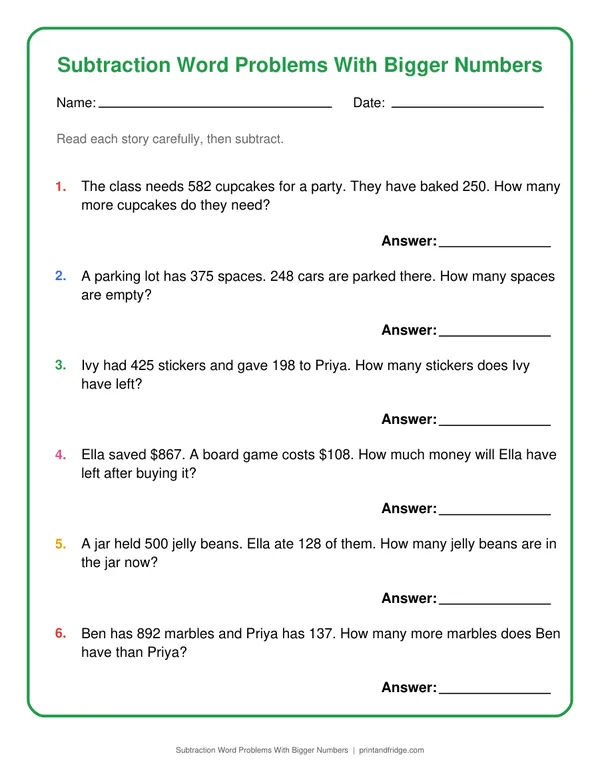 Subtraction Word Problems With Bigger Numbers printable worksheet