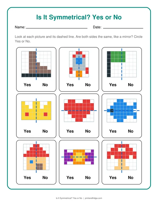 Is It Symmetrical? Yes or No printable worksheet