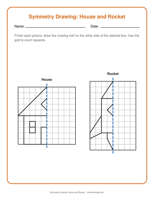 Symmetry Drawing: House and Rocket printable worksheet