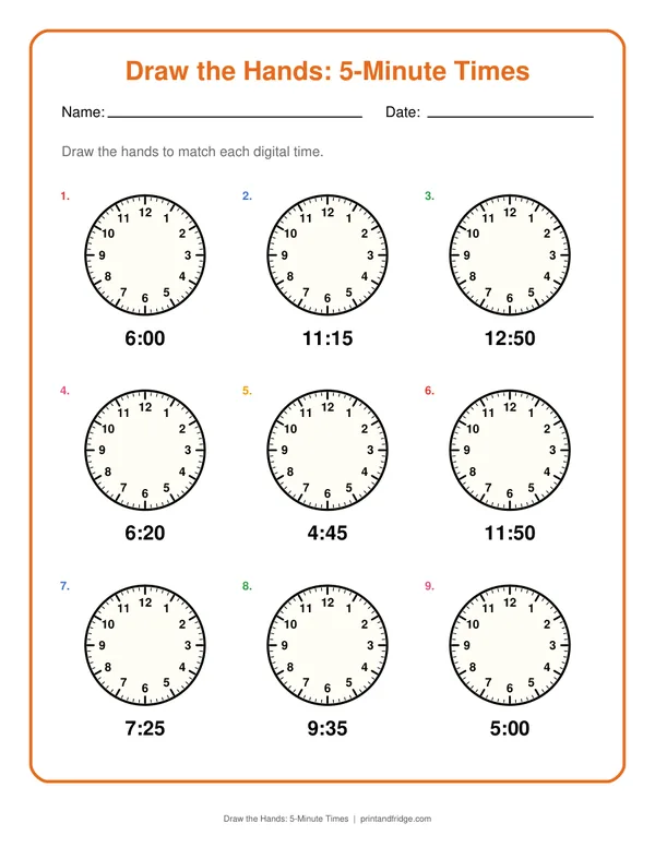 Draw the Hands: 5-Minute Times printable worksheet