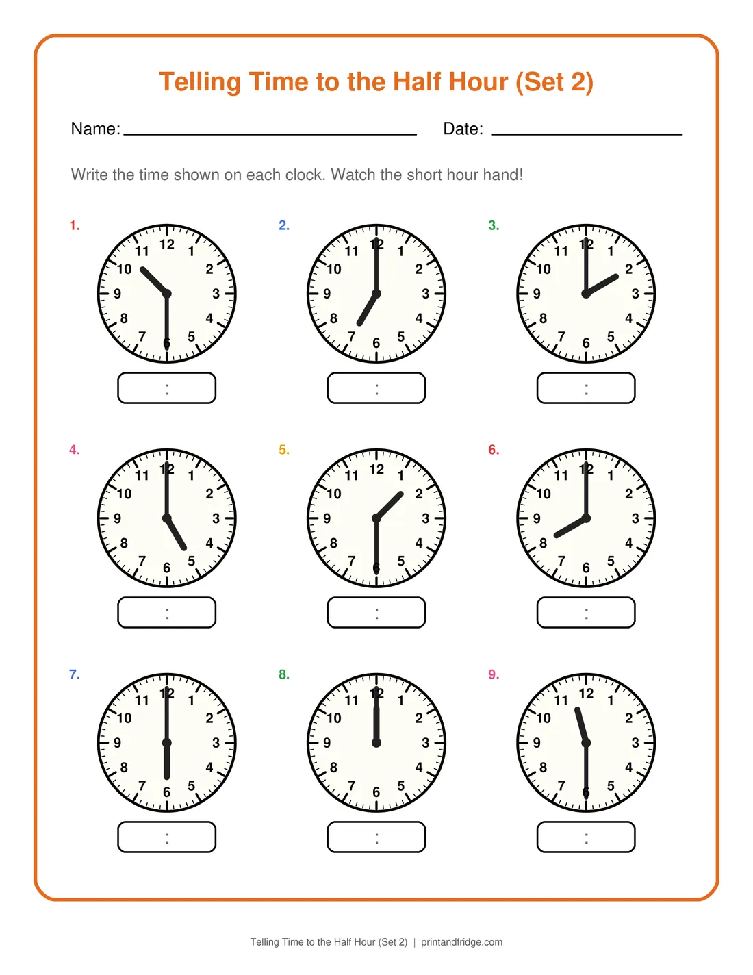 Telling Time to the Half Hour (Set 2) printable worksheet