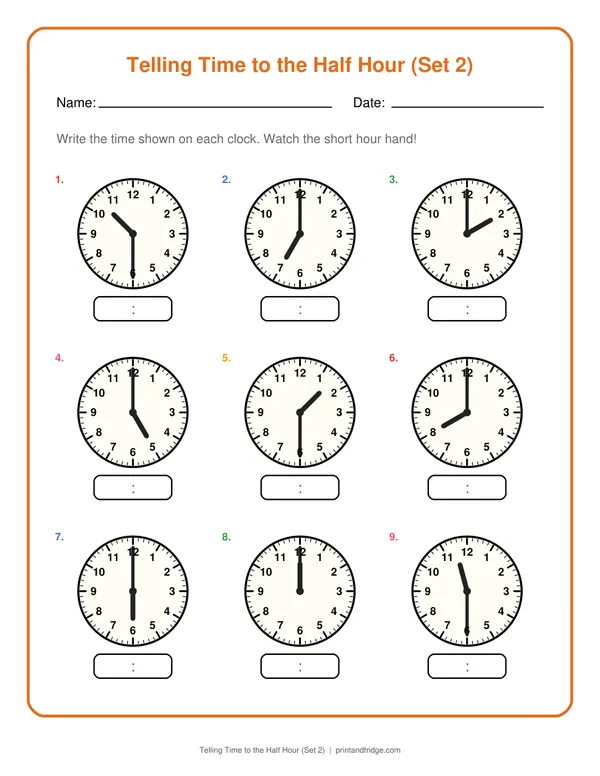 Telling Time to the Half Hour (Set 2) printable worksheet