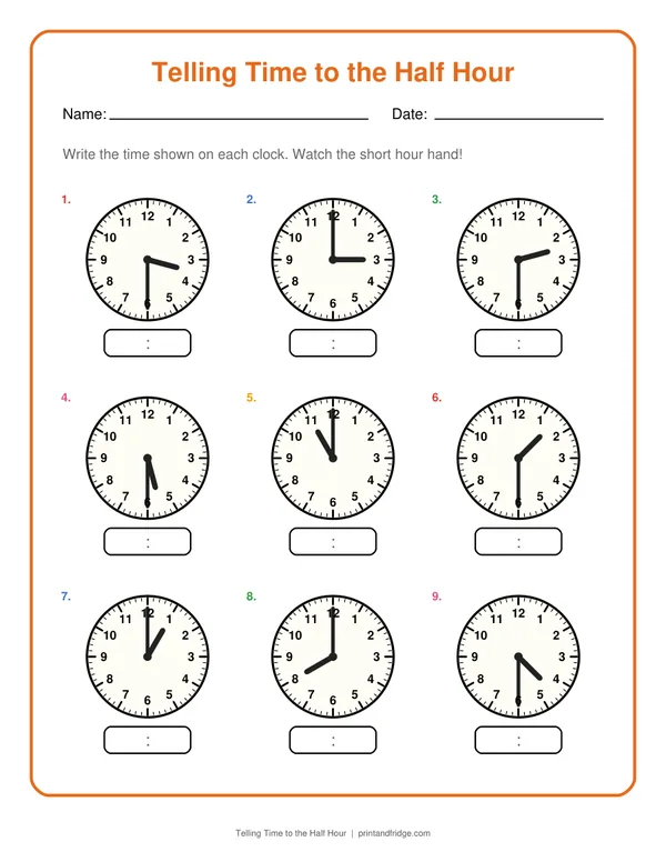 Telling Time to the Half Hour printable worksheet
