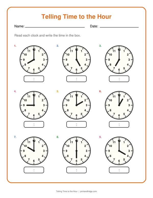 Telling Time to the Hour printable worksheet