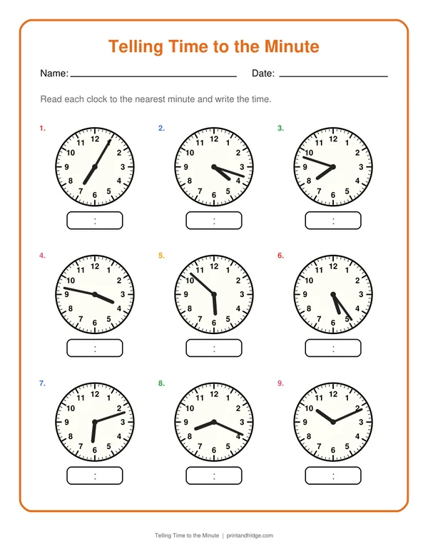 Telling Time to the Minute printable worksheet
