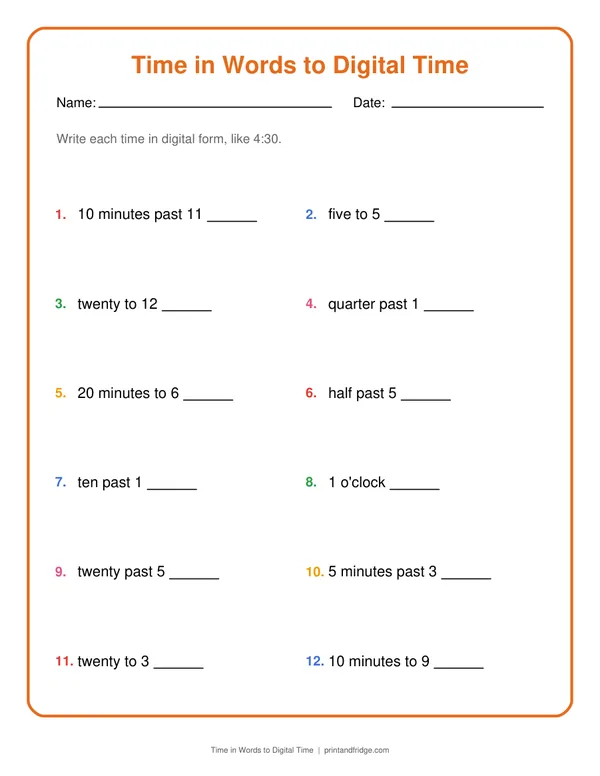 Time in Words to Digital Time printable worksheet