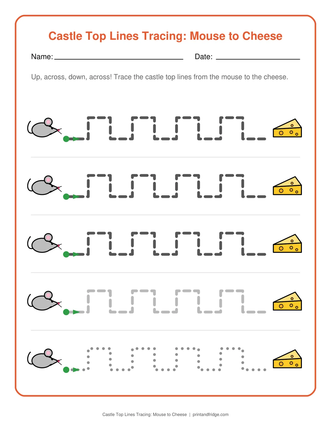 Castle Top Lines Tracing: Mouse to Cheese printable worksheet