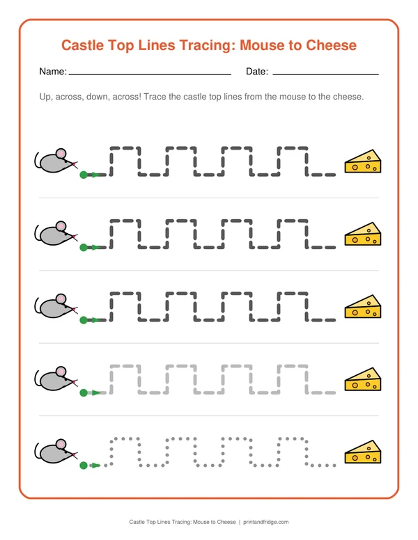Castle Top Lines Tracing: Mouse to Cheese printable worksheet