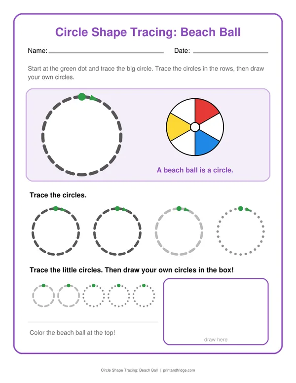 Circle Shape Tracing: Beach Ball printable worksheet
