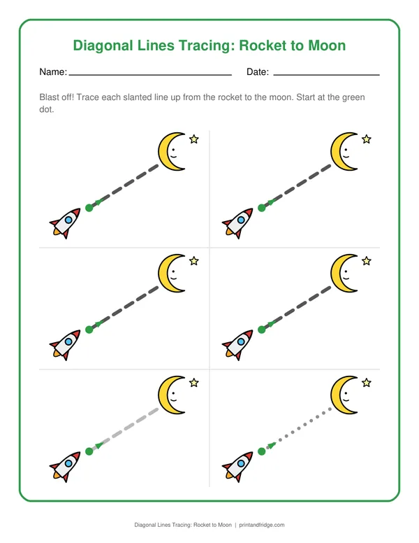 Diagonal Lines Tracing: Rocket to Moon printable worksheet