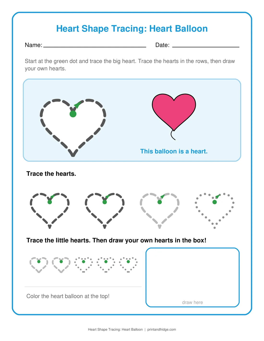 Heart Shape Tracing: Heart Balloon printable worksheet