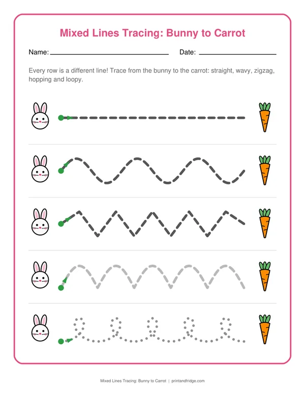 Mixed Lines Tracing: Bunny to Carrot printable worksheet