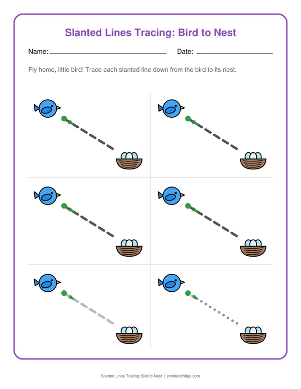 Slanted Lines Tracing: Bird to Nest printable worksheet