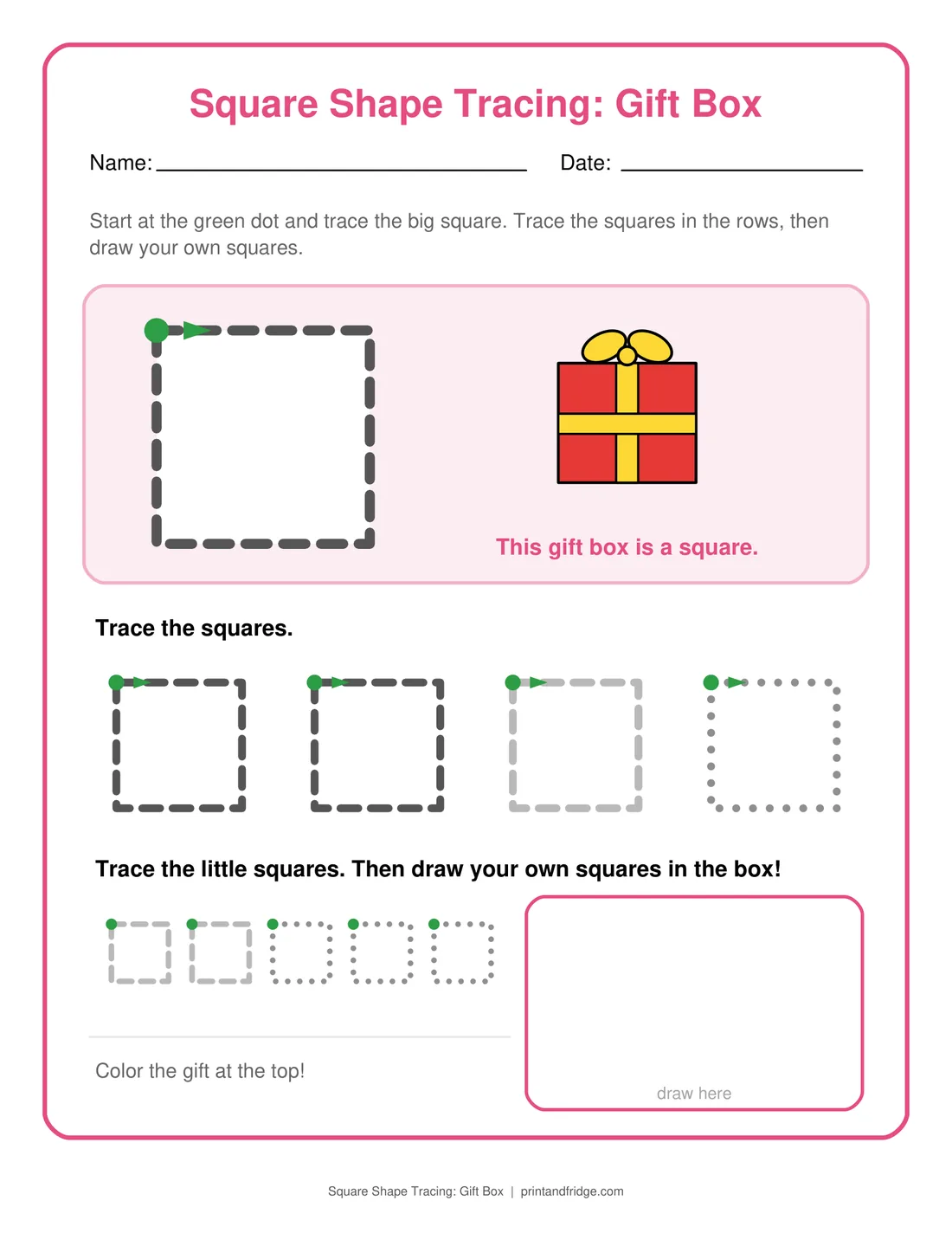 Square Shape Tracing: Gift Box printable worksheet