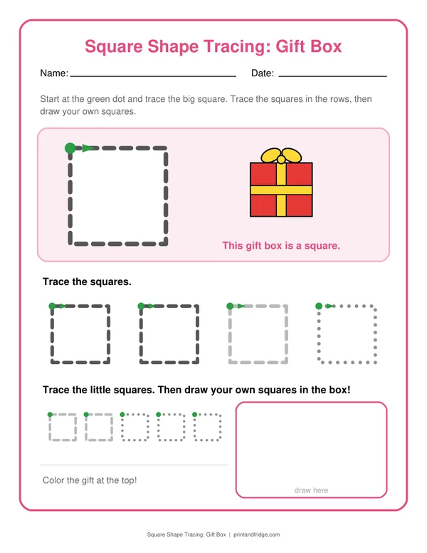 Square Shape Tracing: Gift Box printable worksheet