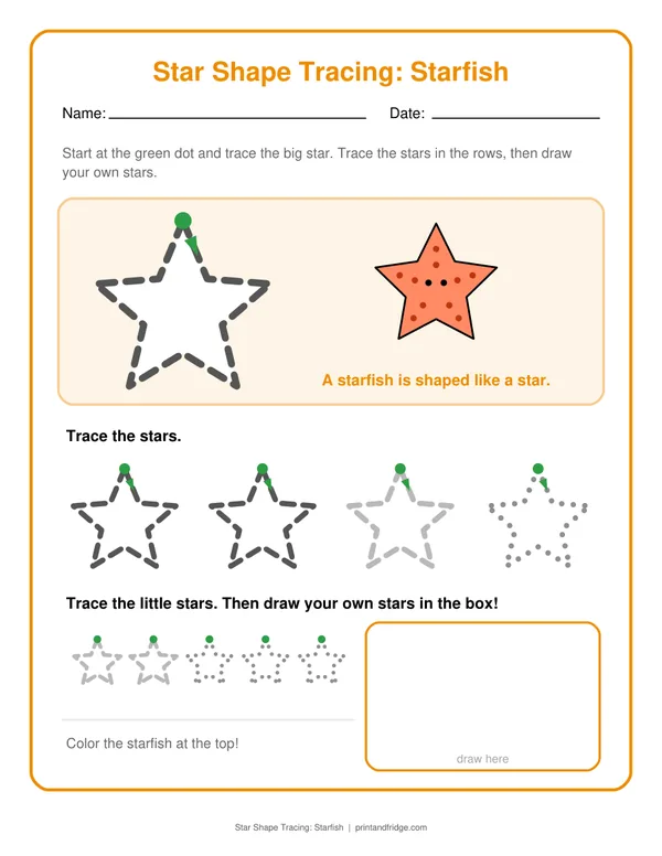 Star Shape Tracing: Starfish printable worksheet