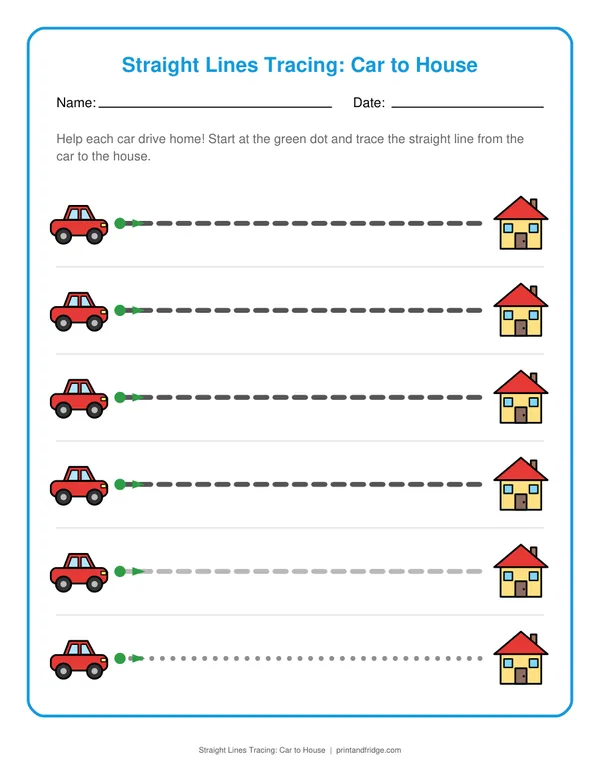 Straight Lines Tracing: Car to House printable worksheet