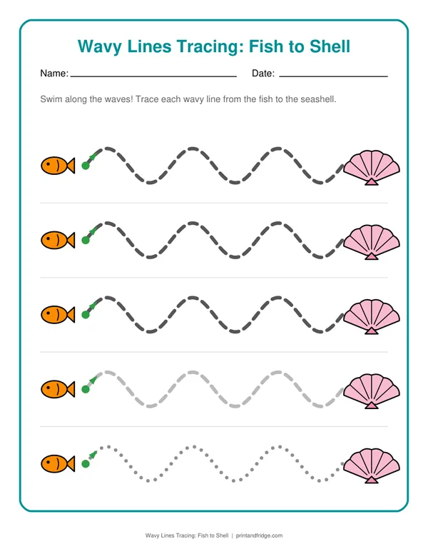 Wavy Lines Tracing: Fish to Shell printable worksheet