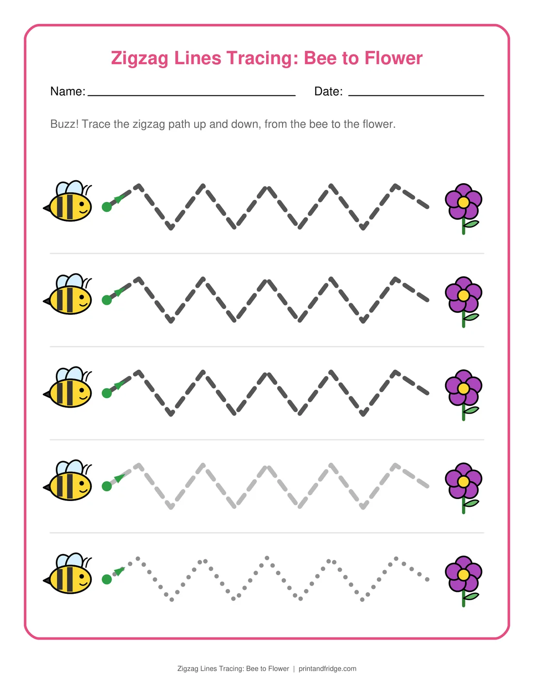 Zigzag Lines Tracing: Bee to Flower printable worksheet