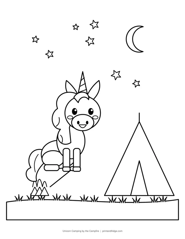 Unicorn Camping by the Campfire printable coloring page