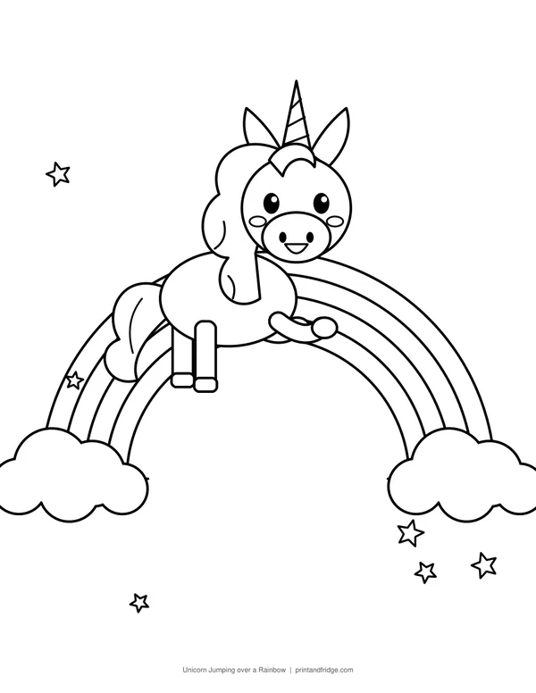 Unicorn Jumping over a Rainbow printable coloring page