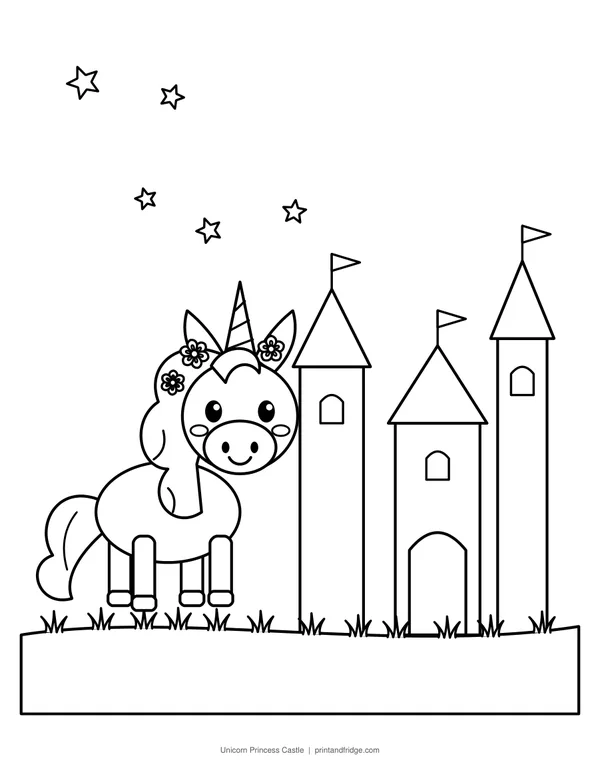 Unicorn Princess Castle printable coloring page