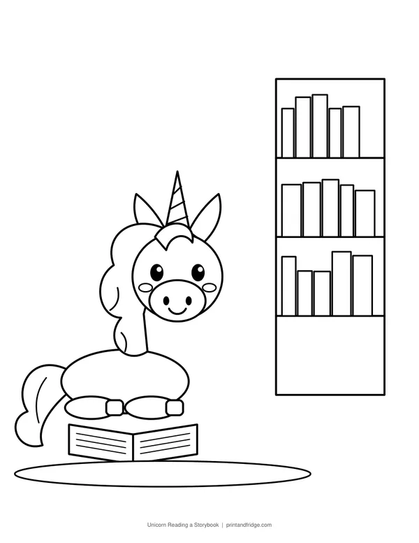 Unicorn Reading a Storybook printable coloring page