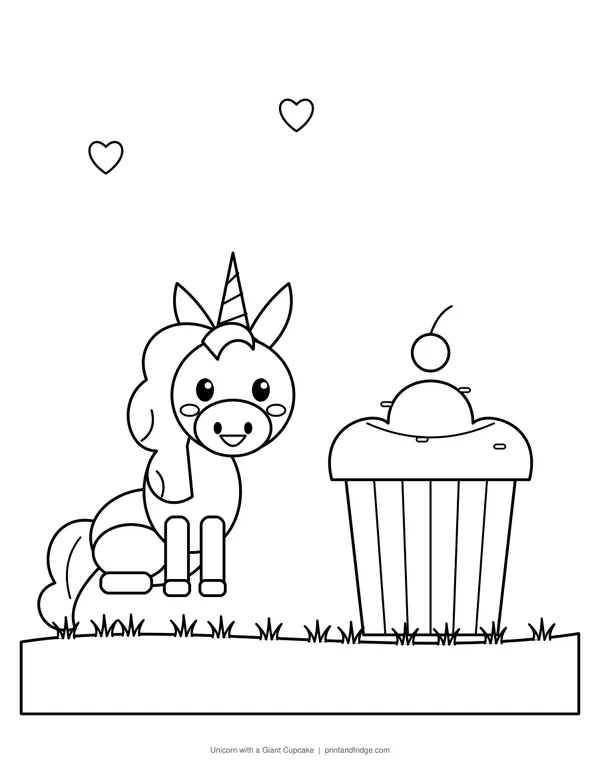 Unicorn with a Giant Cupcake printable coloring page
